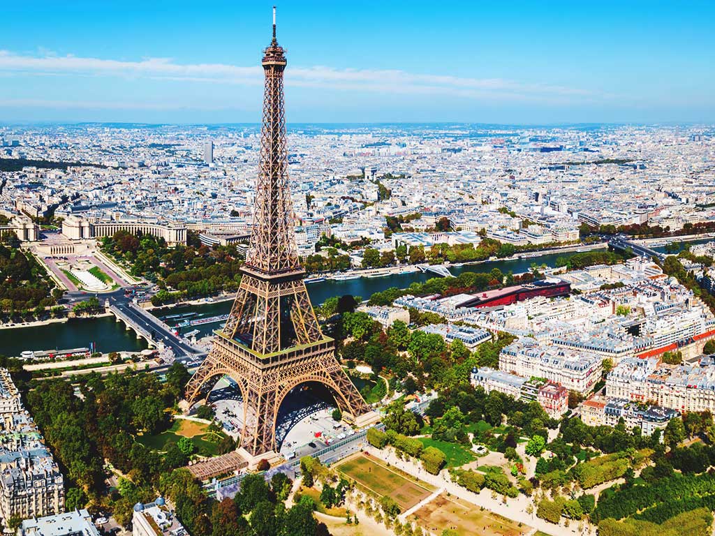 Drone view of the Eiffel Tower in Paris